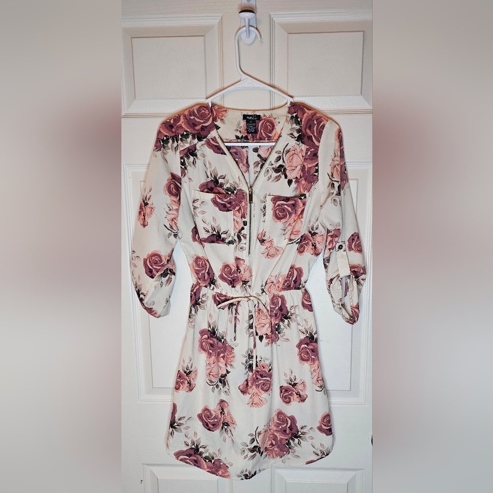 Rue21 White Floral Quarter Zip Dress, Tie Waist - Size Small
